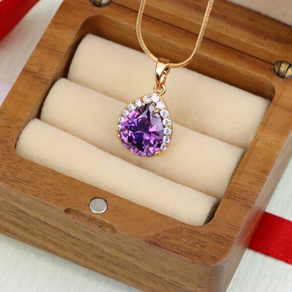 "Teardrop Purple Pendant with Crystal Halo in Elegant Rose Gold Finish, XPPT1615 - Picture 4 of 13